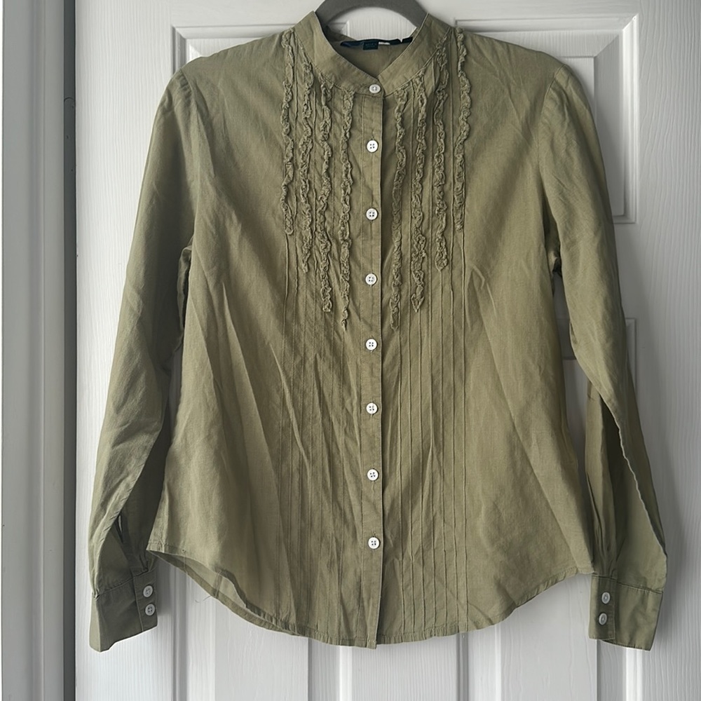 Women's Olive Green Ruffle Front Button-Up Top
